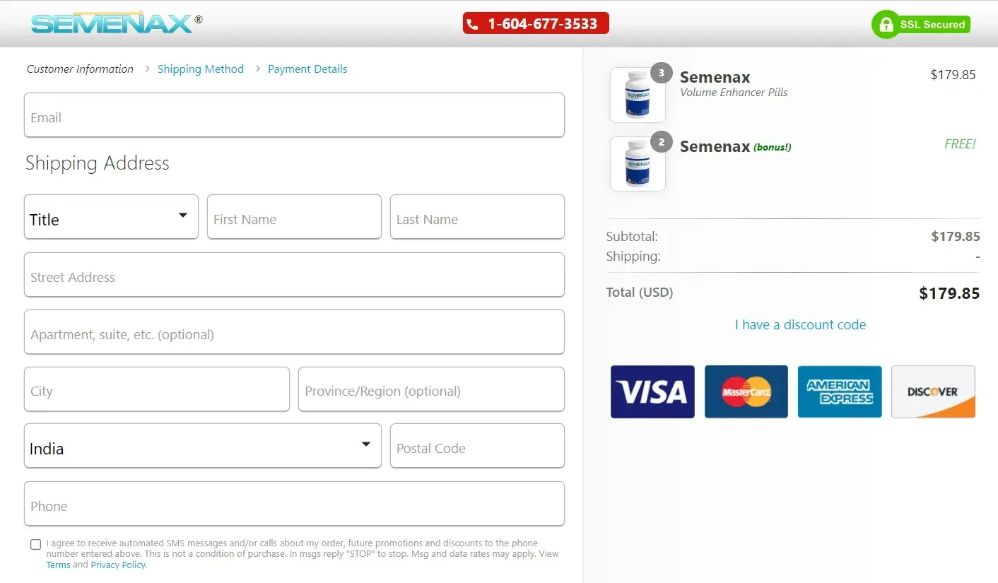 semenax Secure Checkout page